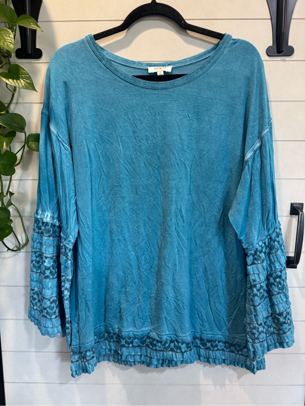 Umgee Teal Blue Boho Long Sleeve Ruffle Top